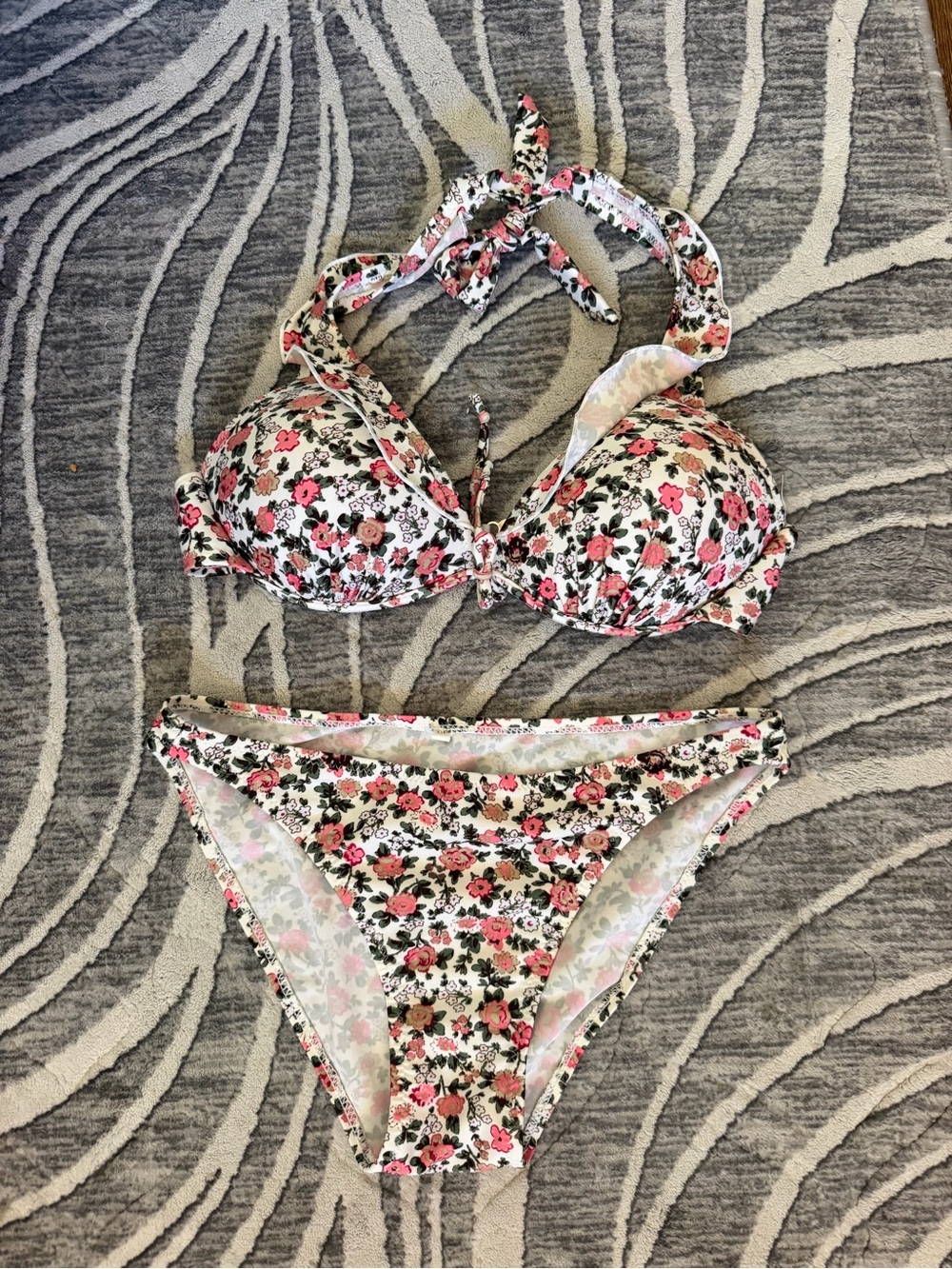 Floral Halter Bikini Set - Pink & White